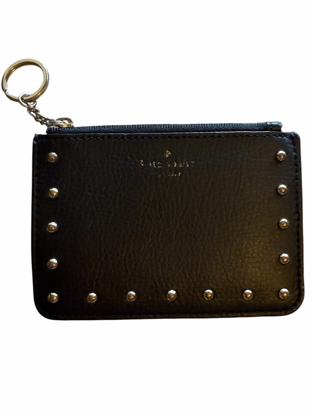 Kate Spade Black Leather Studded Zip Card Pouch with Key Ring